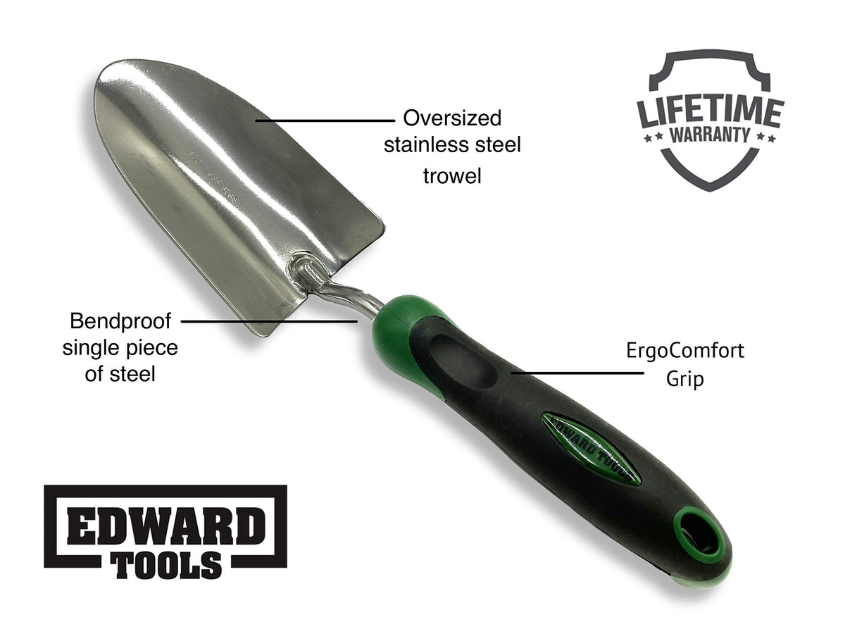 Edward Tools oversized head for faster soil movement in heavy soils.