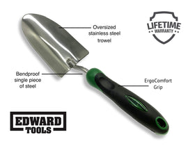 Edward Tools oversized head for faster soil movement in heavy soils.