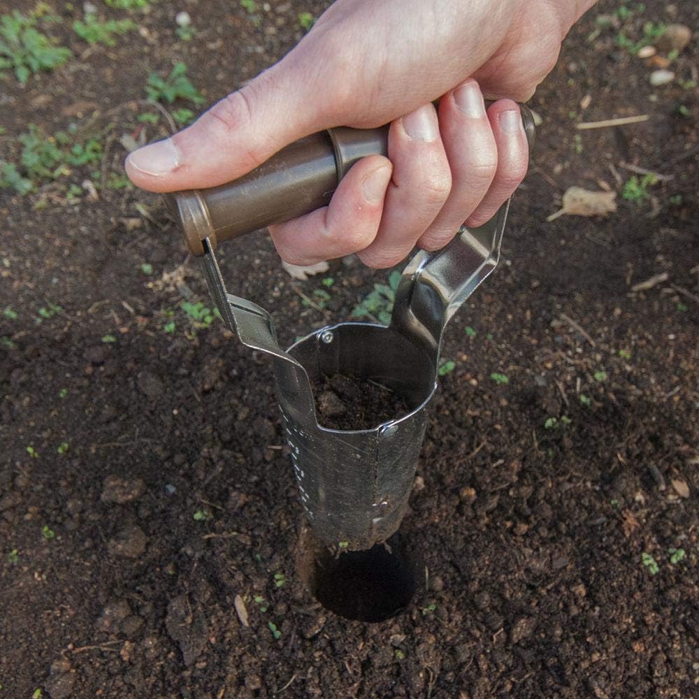 Edward Tools bulb planter shows depth marker for consistent planting depth.
