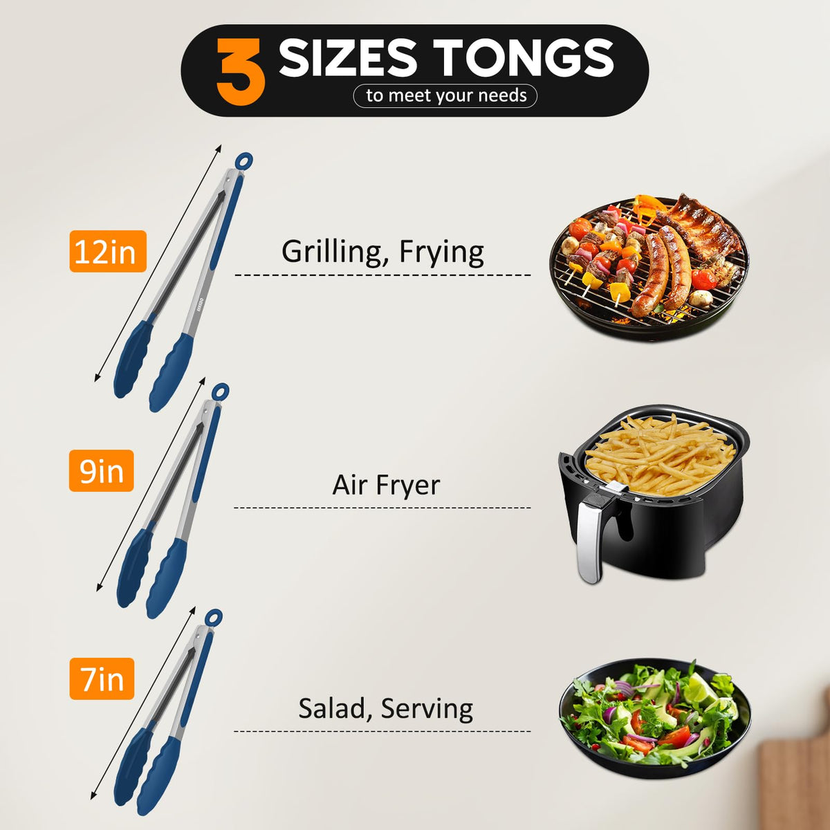 EEKEDO Kitchen Tongs 12in navy for large servings and versatile cooking tasks