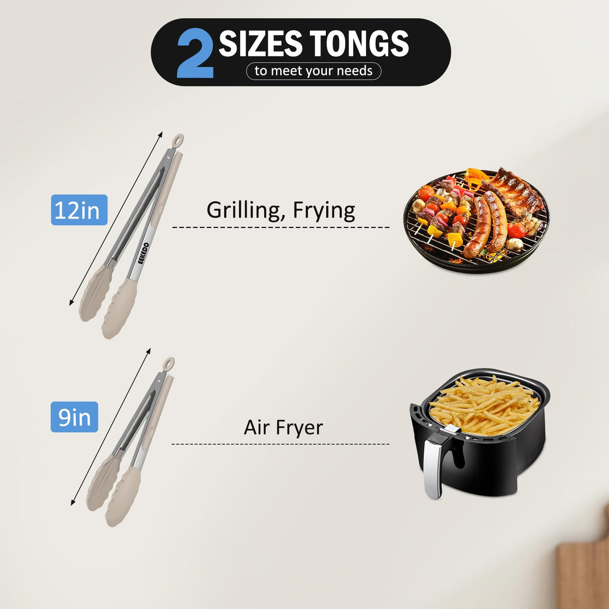 EEKEDO tongs 12-inch heat-resistant silicone tips for grilling and frying.