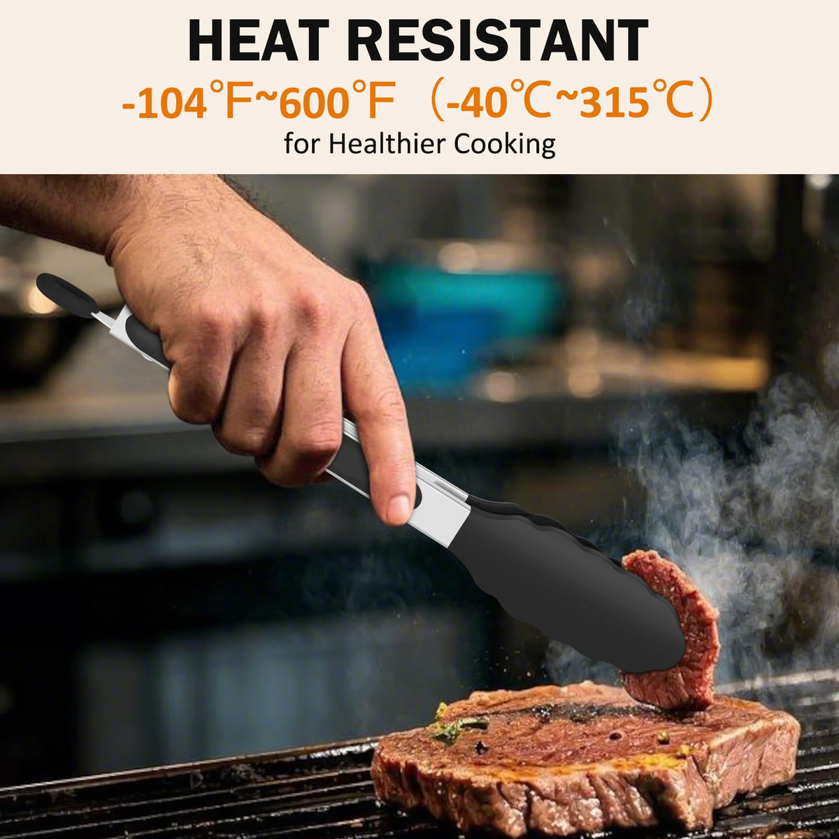 EEKEDO tongs 12-inch silicone-tip close-up for high-heat grilling