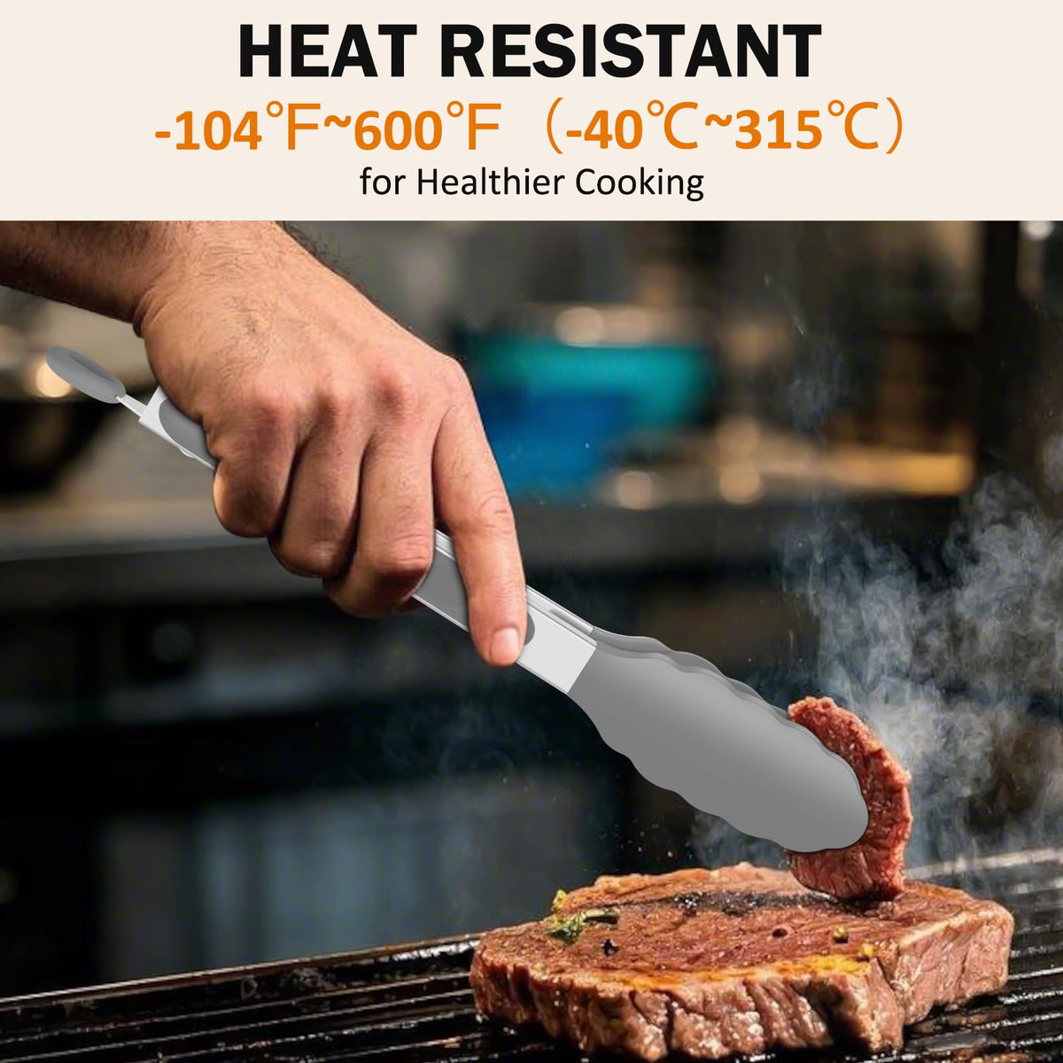 EEKEDO tongs 12in silicone-tips offer wide reach for grilling and frying.