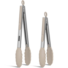 EEKEDO tongs 9-inch heat-resistant silicone tips for safe nonstick cooking.