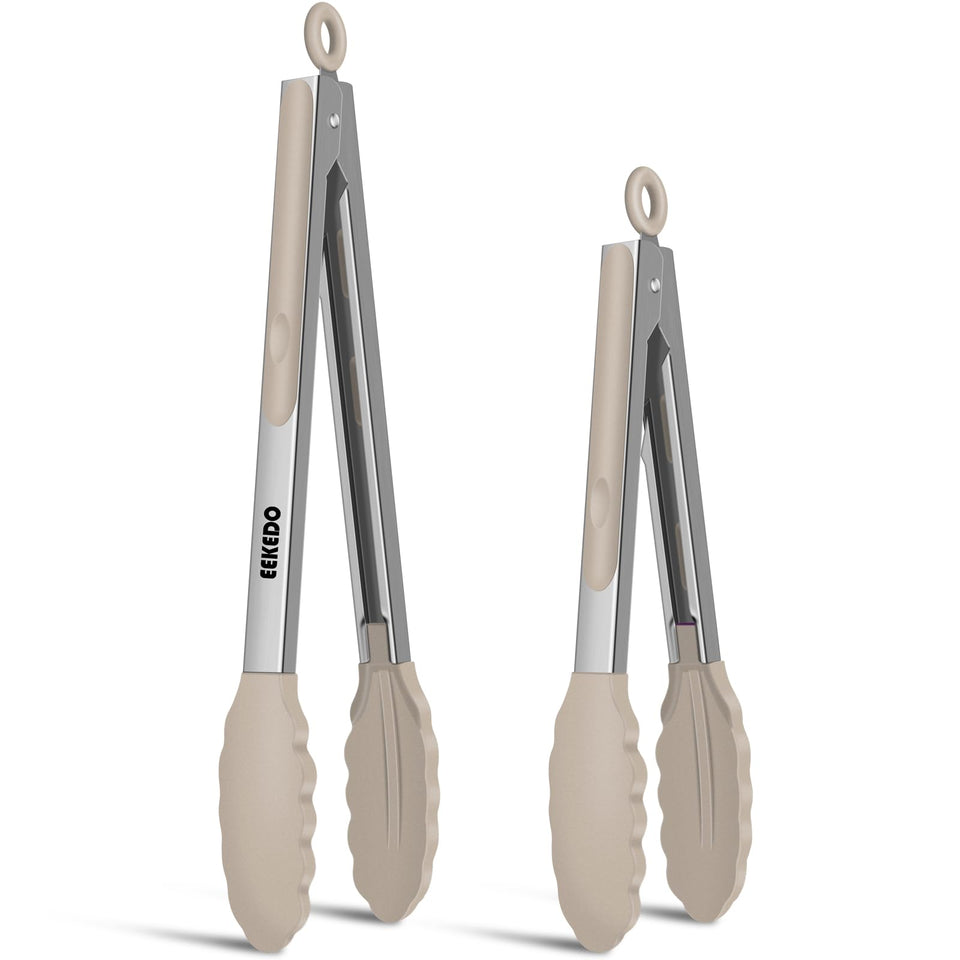 EEKEDO tongs 9-inch heat-resistant silicone tips for safe nonstick cooking.