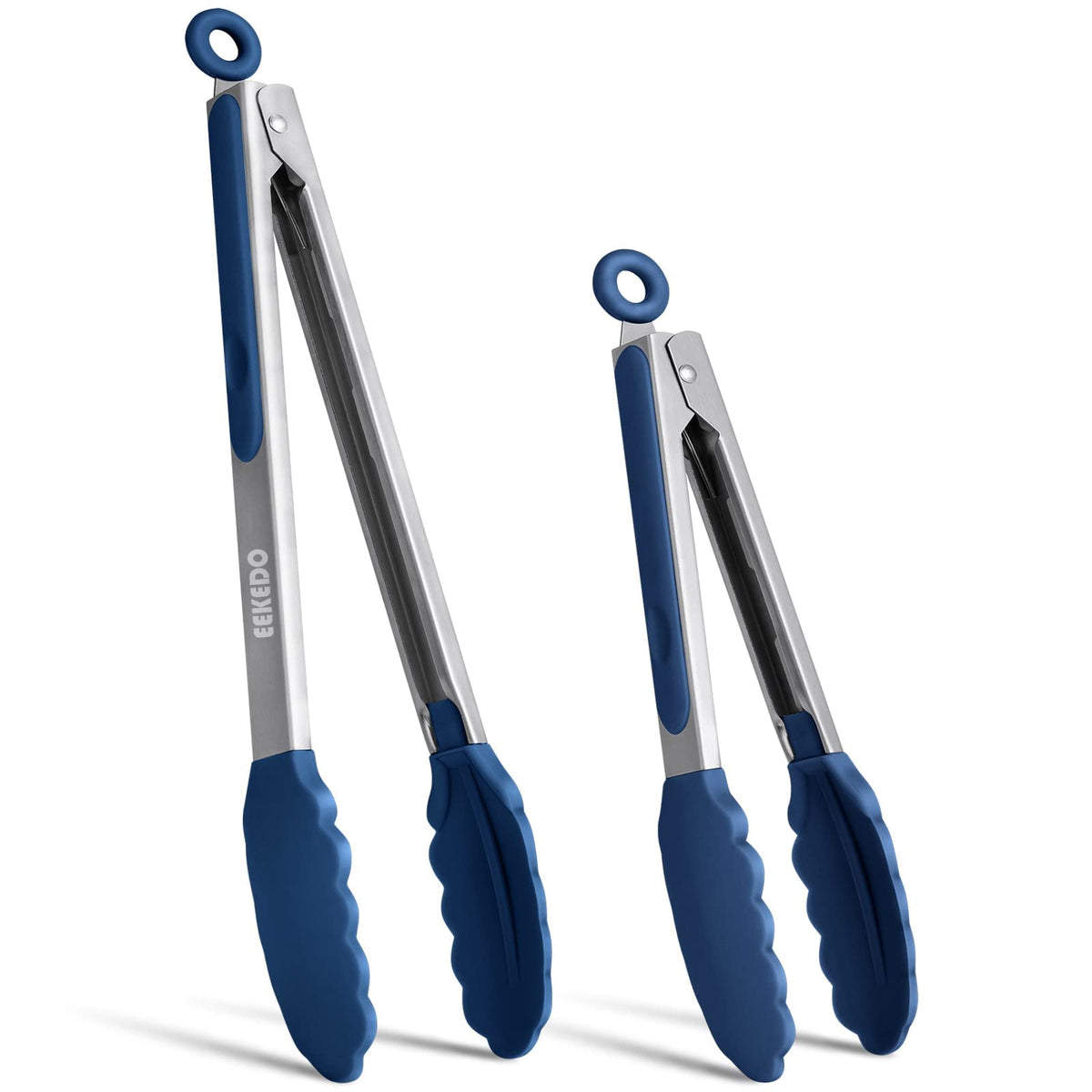EEKEDO tongs 9-inch navy grip for precise flipping and serving.