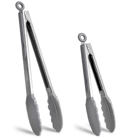 EEKEDO tongs 9in silicone-tips for gentle flipping without scratching nonstick pans.