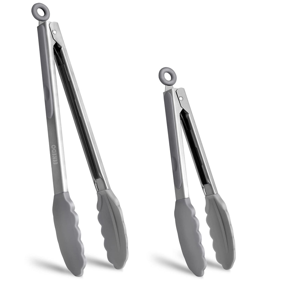 EEKEDO tongs 9in silicone-tips for gentle flipping without scratching nonstick pans.