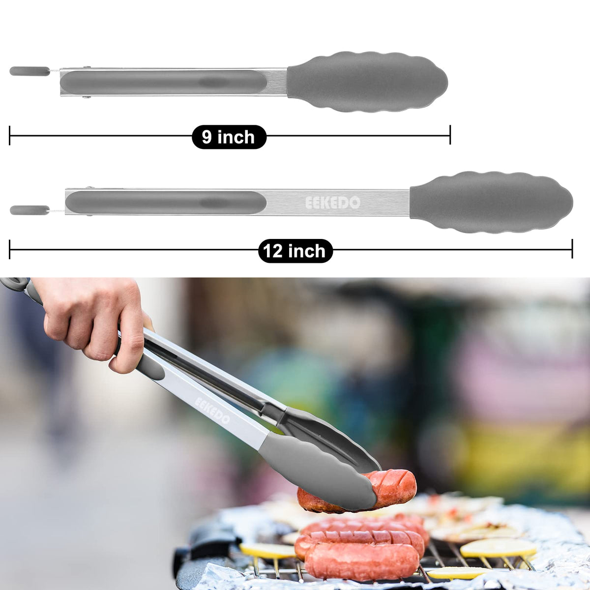 EEKEDO tongs ideal for BBQ grilling and flipping burgers with precision.