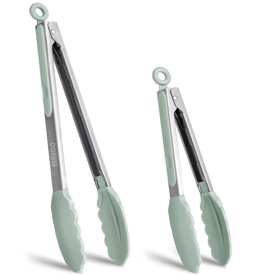 EEKEDO tongs for cooking 9-inch sage green grip ideal for flipping burgers safely