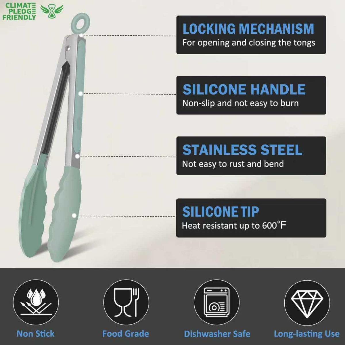 EEKEDO tongs with silicone tips sage green protects nonstick pans while flipping delicate foods
