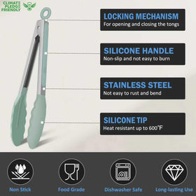 EEKEDO tongs with silicone tips sage green protects nonstick pans while flipping delicate foods