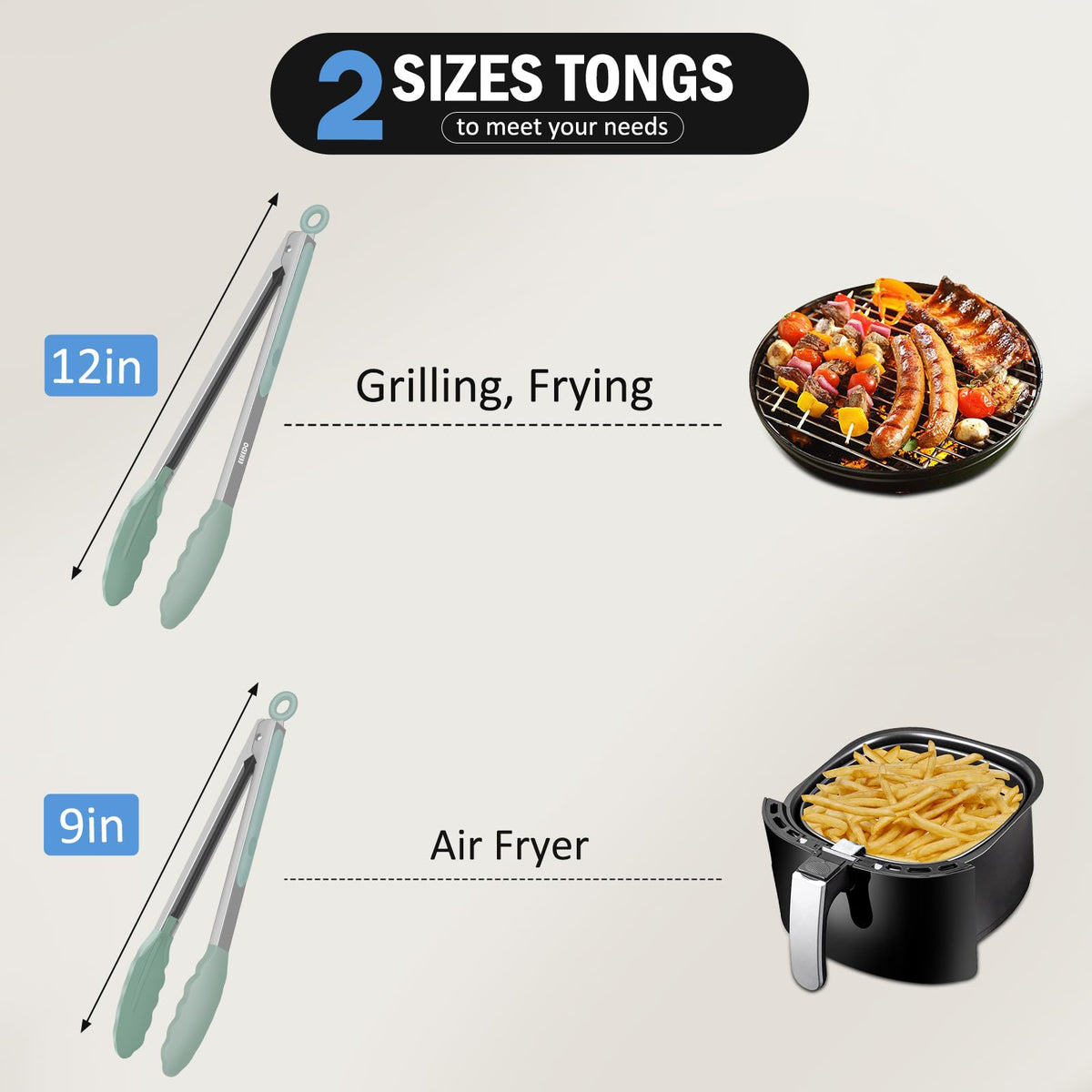 EEKEDO tongs for grilling and frying sage green ideal for burgers, fish, and more