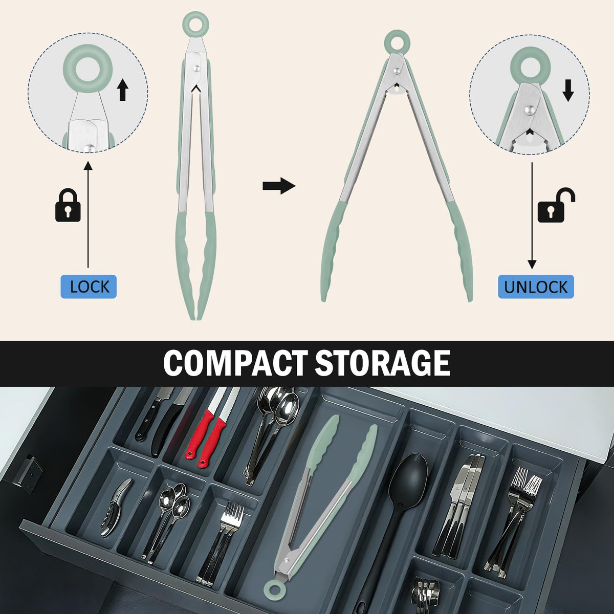 EEKEDO tongs locking mechanism sage green keeps stored compact and ready for one-handed use