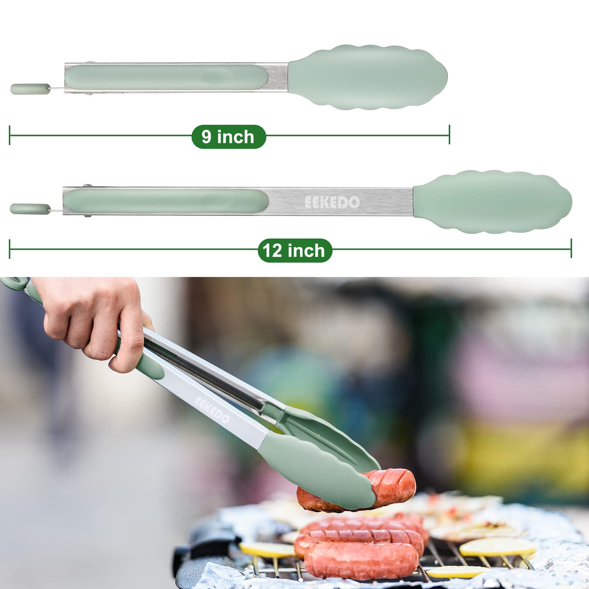 EEKEDO tongs nonstick-safe for cookware sage green prevents scratches during sautéing