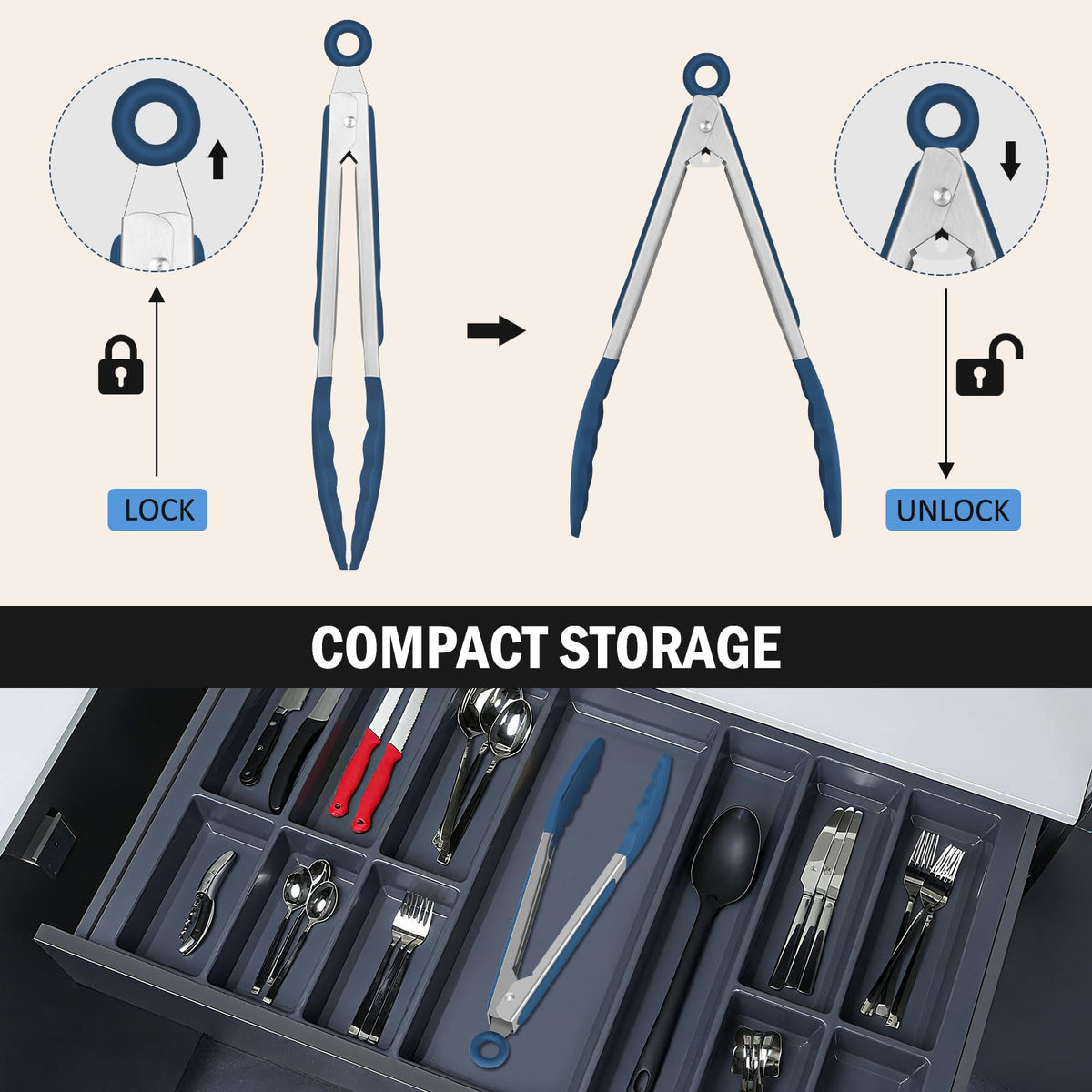 Locking mechanism on EEKEDO tongs for compact, uno-handed use.