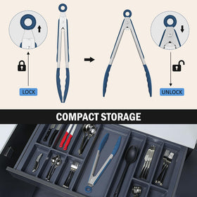 Locking mechanism on EEKEDO tongs for compact, uno-handed use.