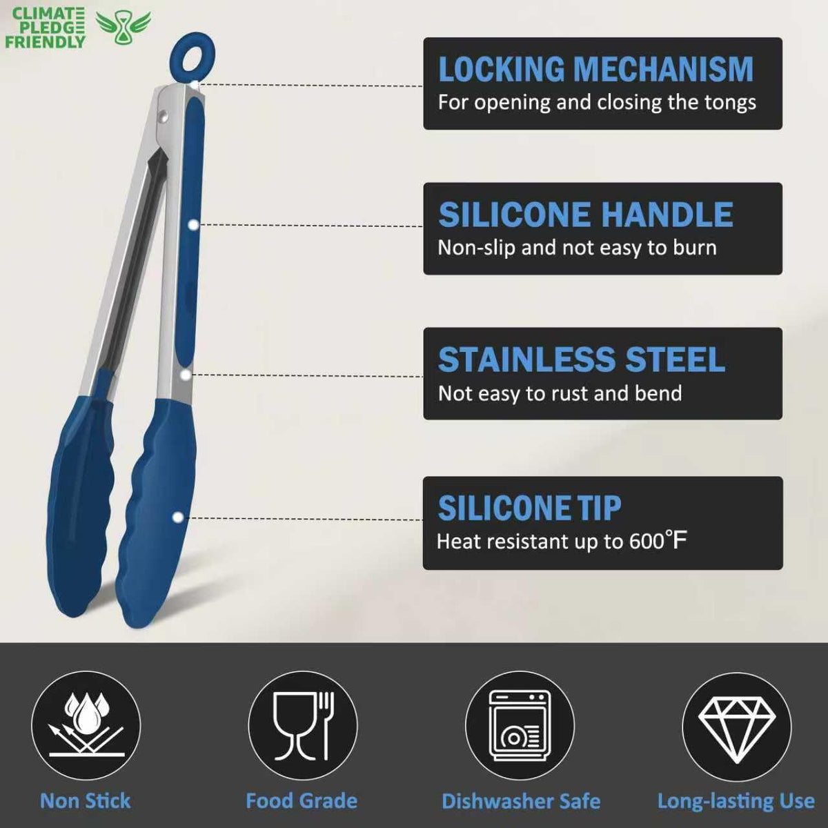 Silicone tips on EEKEDO tongs prevent scratches on nonstick cookware.