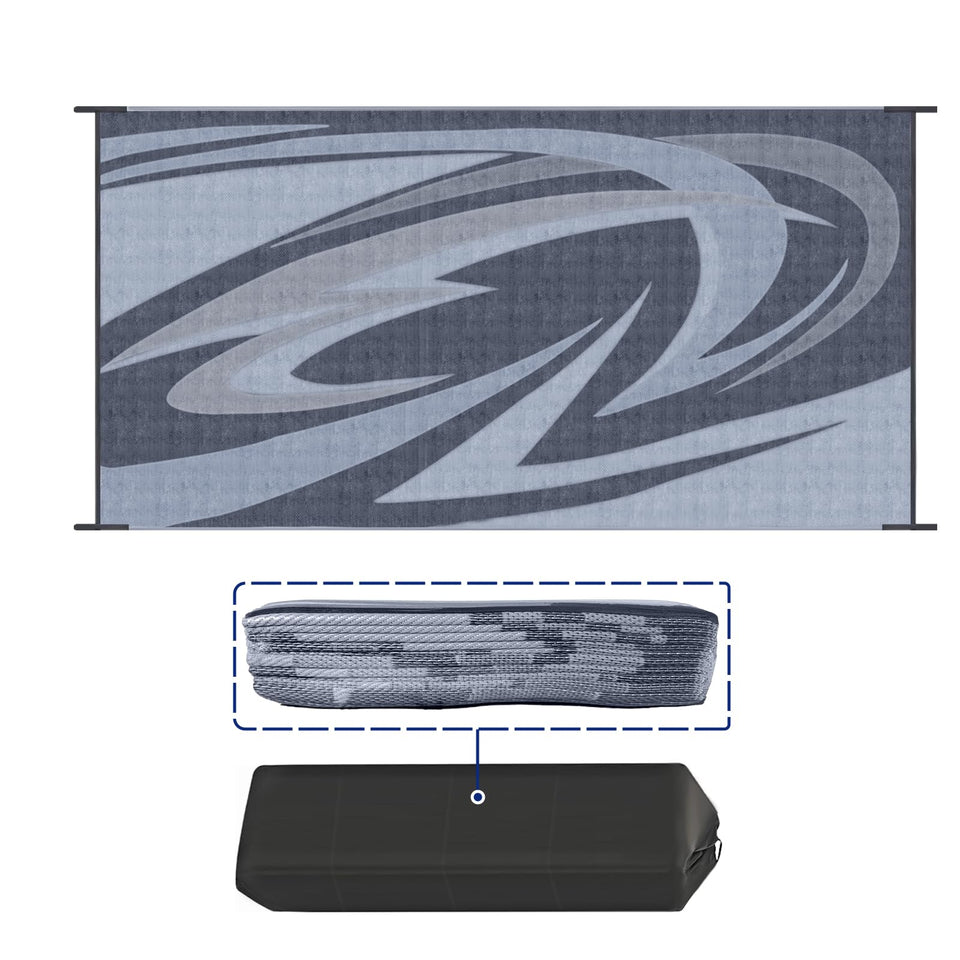 EEZ RV Products 9x18 grey mat, angled view, durable outdoor surface for RV setups.