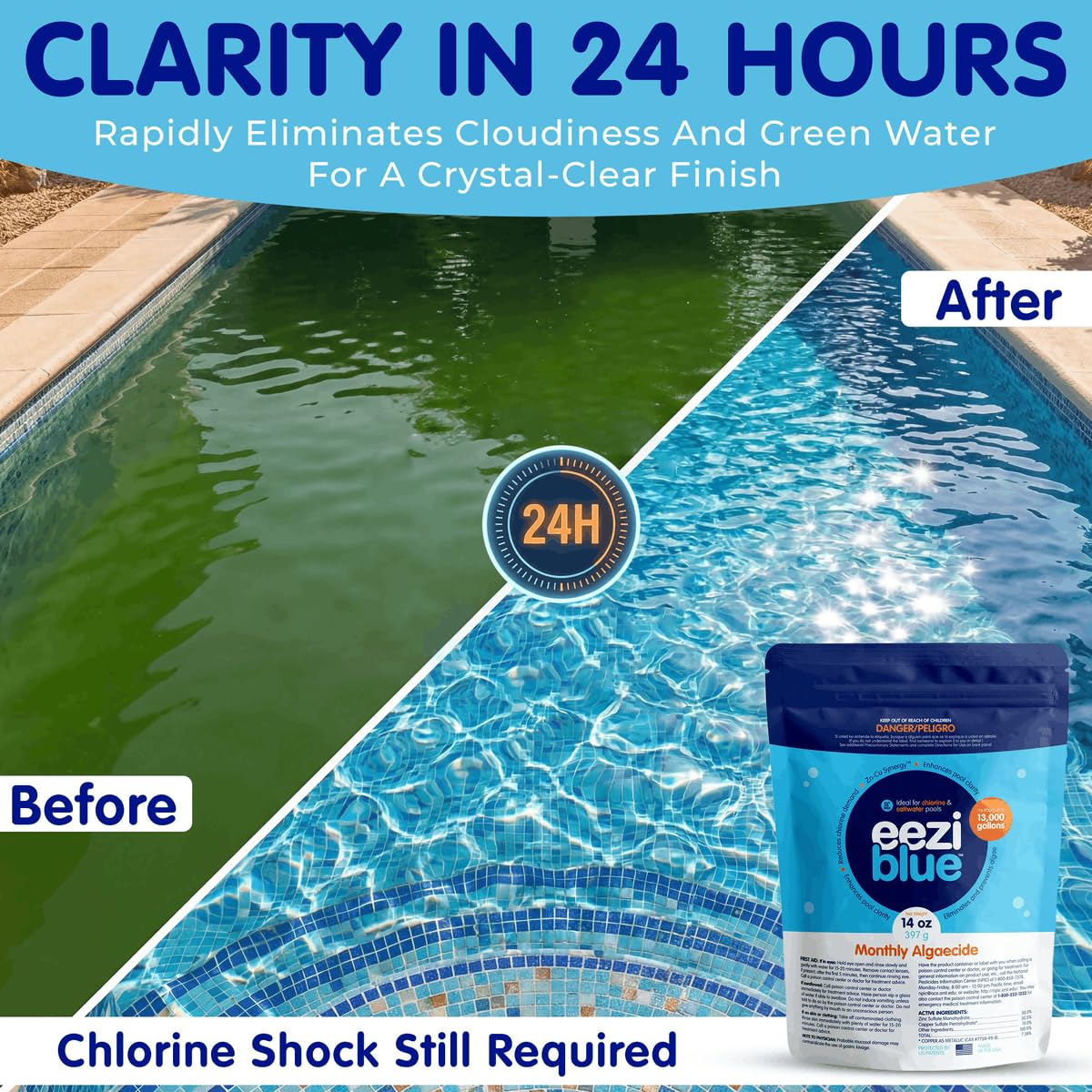 Green algae treatment with Eeziblue supports blue, inviting pool water