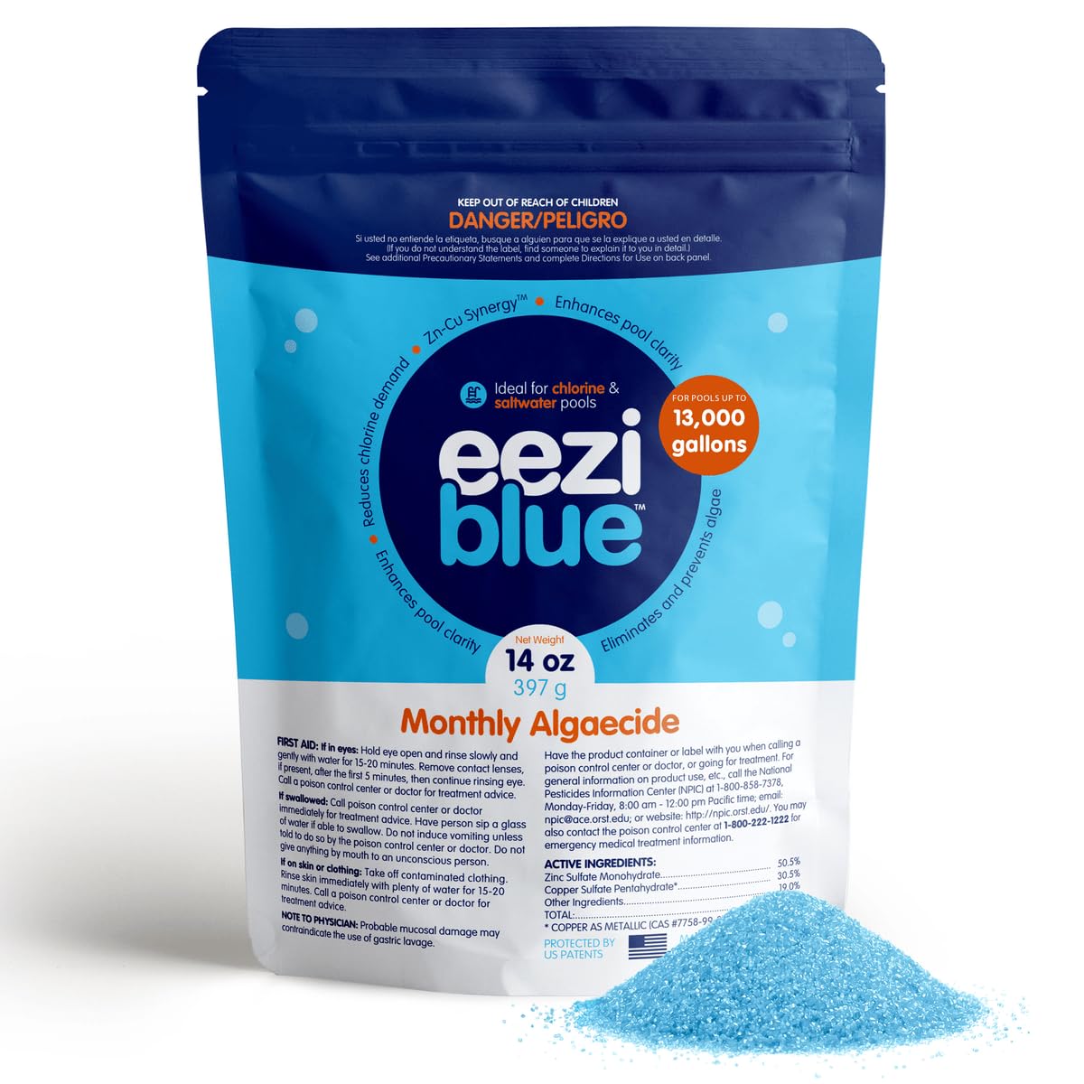 Eeziblue Monthly Algaecide bottle pour for easy dosing and clear water