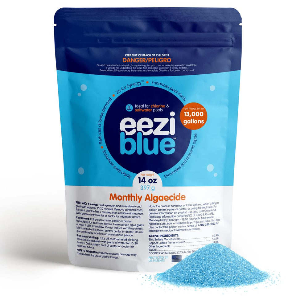 Eeziblue Monthly Algaecide bottle pour for easy dosing and clear water
