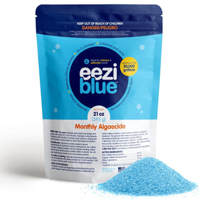 Eeziblue monthly algaecide bottle pour promotes clearer pool water