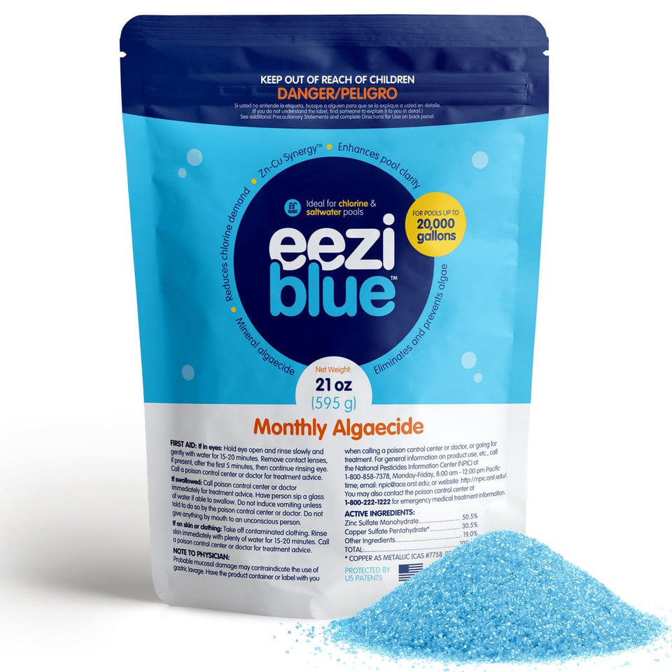 Eeziblue monthly algaecide bottle pour promotes clearer pool water
