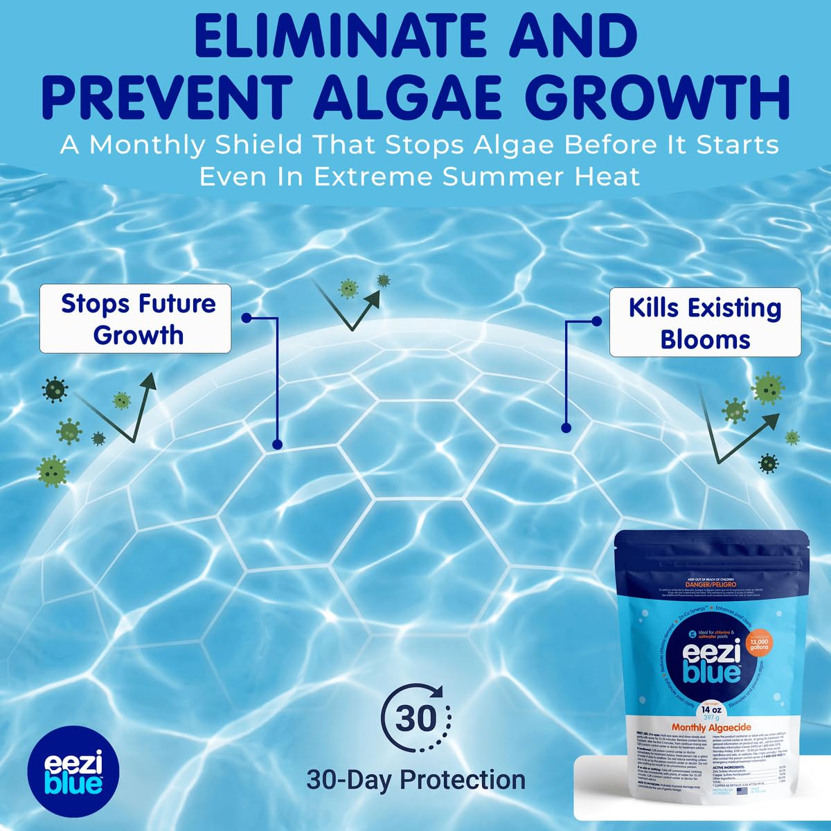 Eeziblue 21oz pre-measured bag simplifies dosing for up to 20,000 gallons