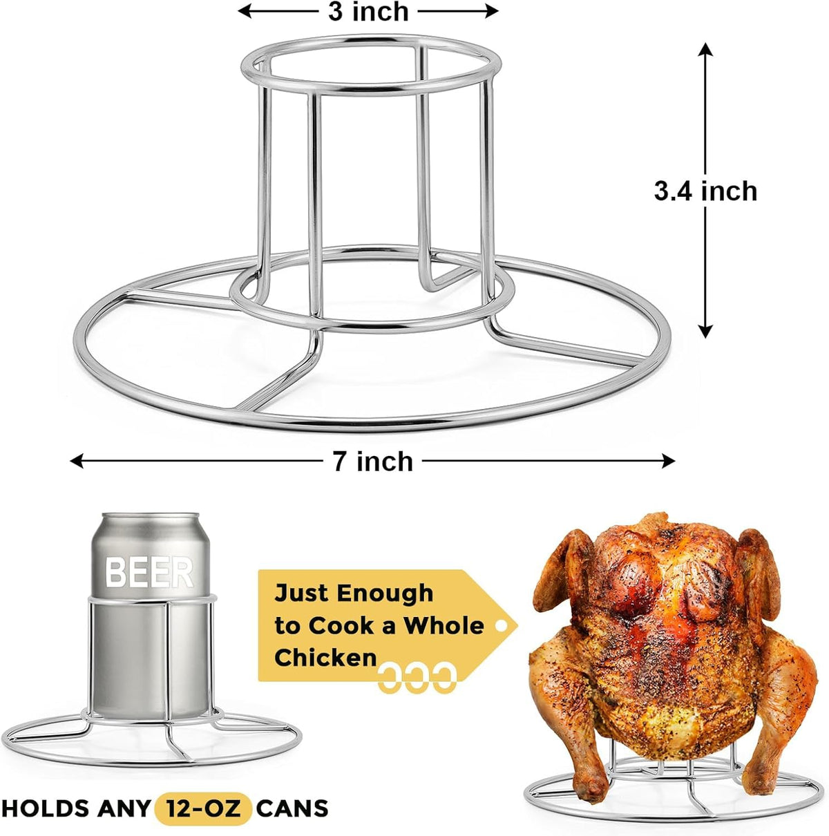 E-far beer can chicken holder on grill for even cooking.