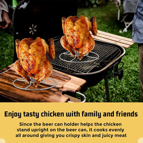 E-far beer can chicken holder two-pack ideal for gatherings.