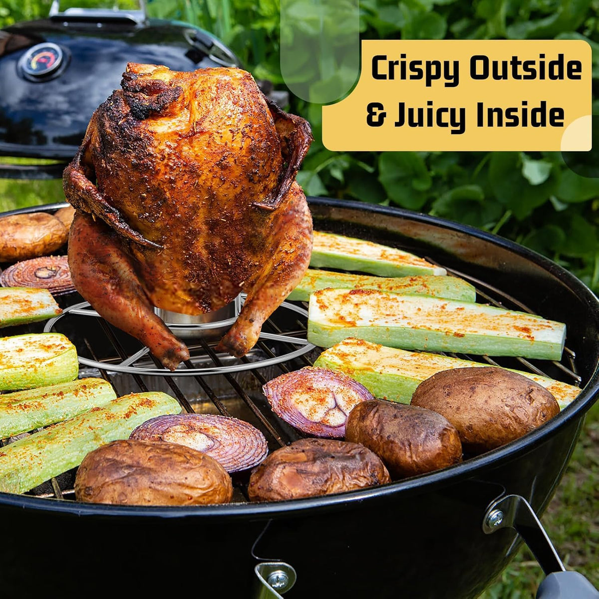 E-far beer can chicken holder wide base prevents tipping.