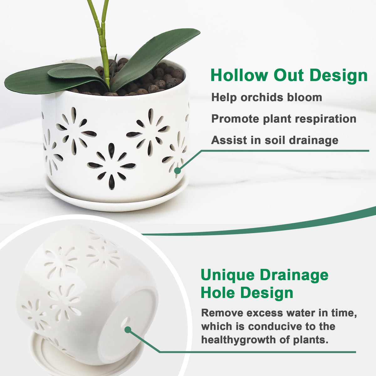 EFISPSS Orchid Pot with white glaze adds modern style while supporting plant health.
