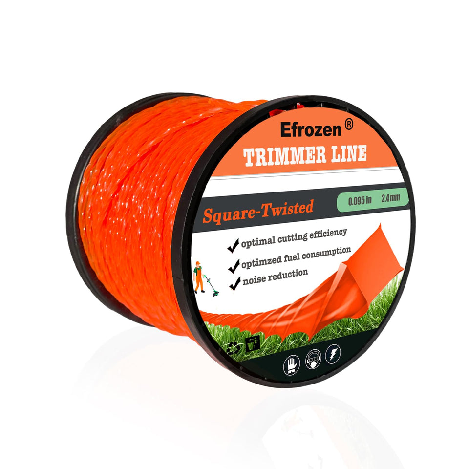 Efrozen square twist 0.095 inch line on an orange spool improves visibility during trimming.