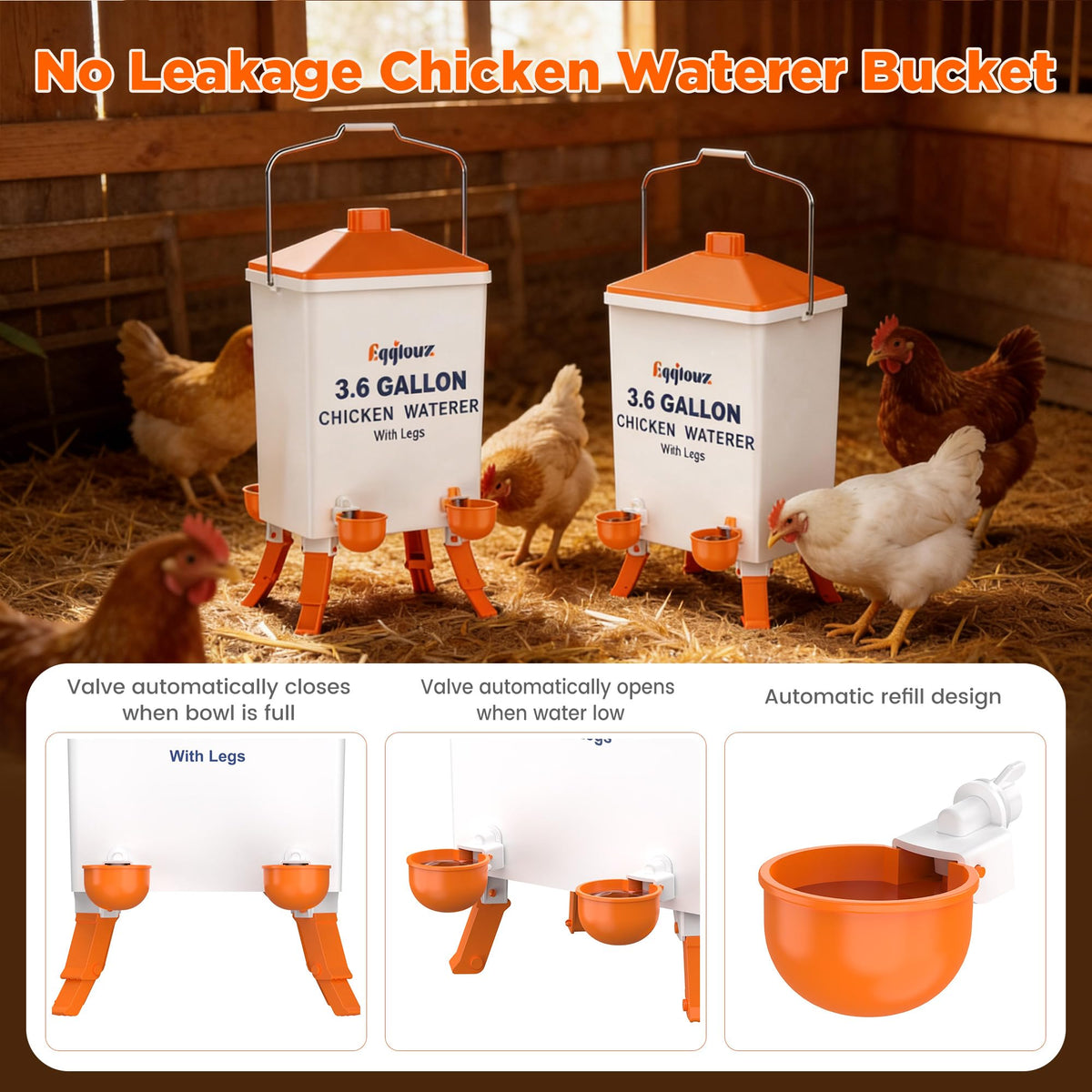 Eggluuz auto-fill water cups close-up emphasizes consistent water access.