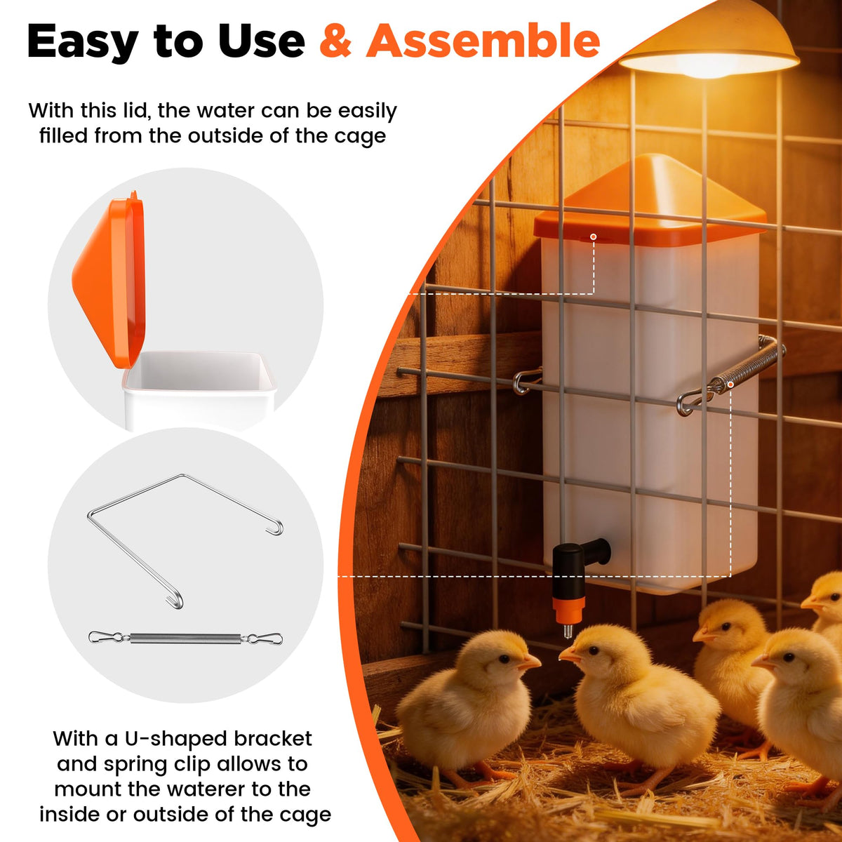 Eggluuz waterer mounted inside or outside the cage with bracket and clip