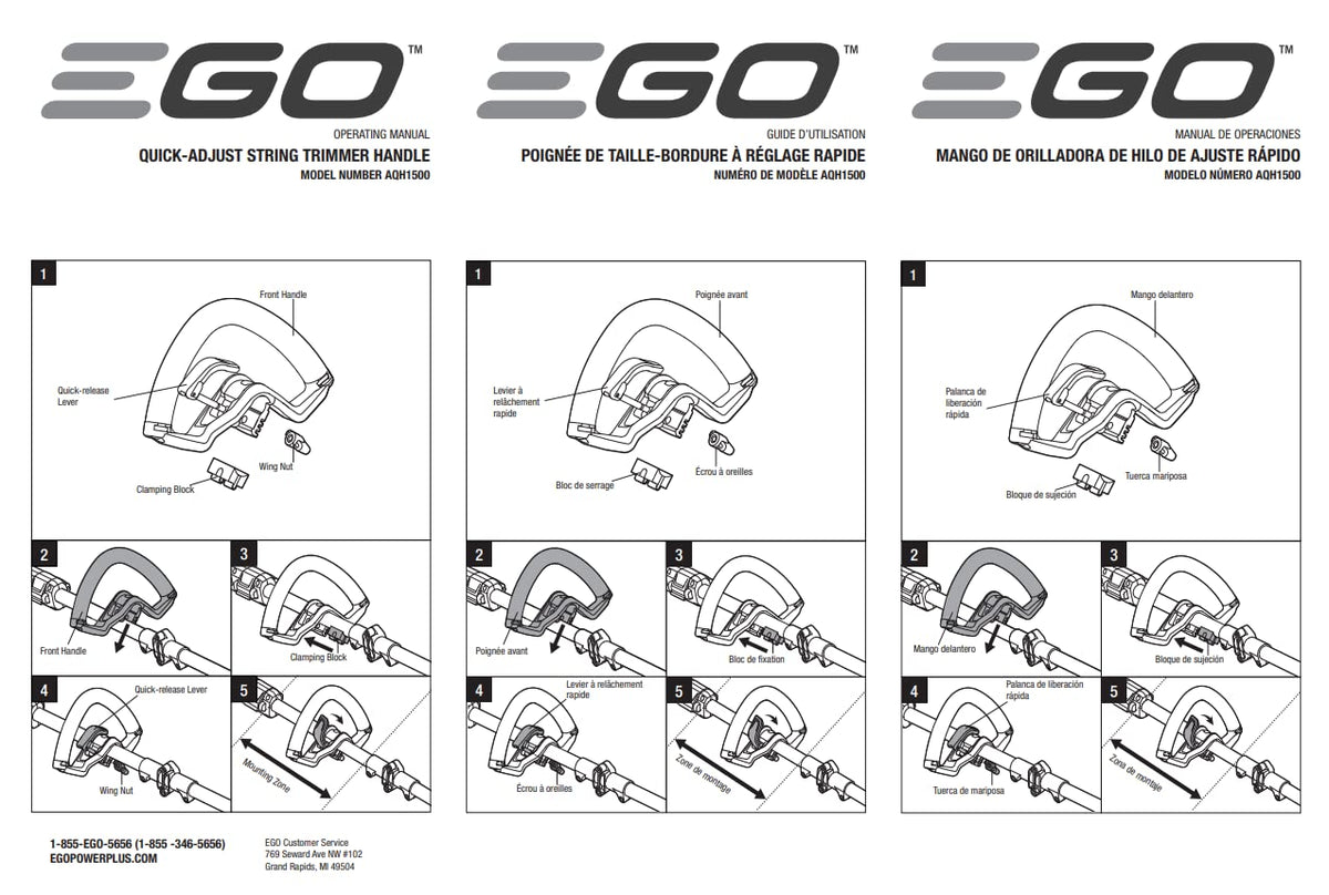 EGO Power+ AQH1500 handle with green lever for quick, tool-free adjustments.