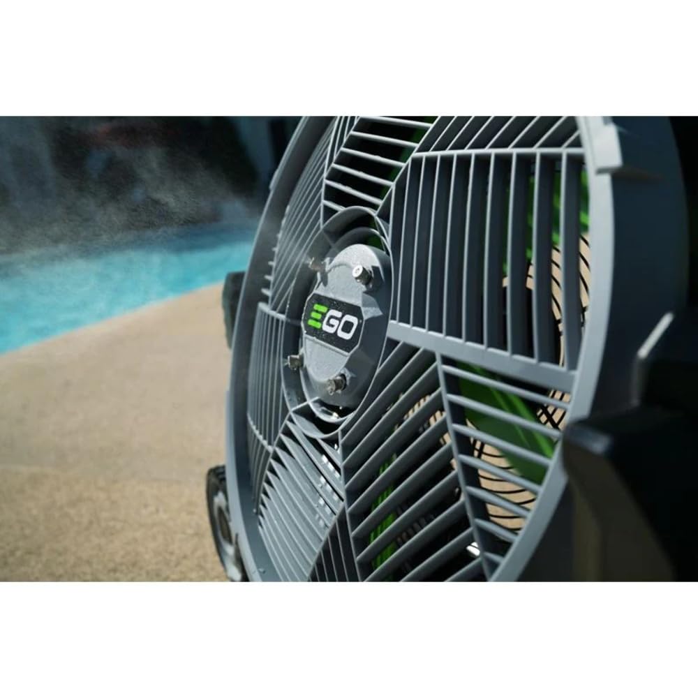 EGO Power+ 18-inch misting fan rear view with intake filter access.