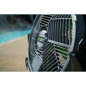 EGO Power+ 18-inch misting fan rear view with intake filter access.