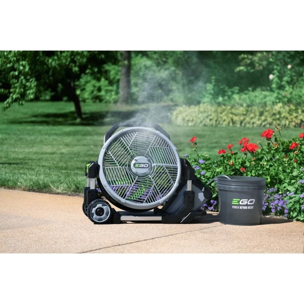 EGO Power+ 18-inch misting fan side view shows portable design for easy transport.