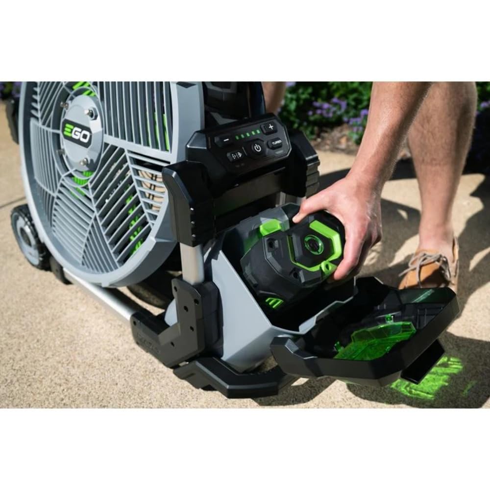 EGO Power+ 18-inch misting fan with extended telescopic handle.