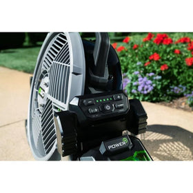 EGO Power+ misting fan with wheels for easy rolling.