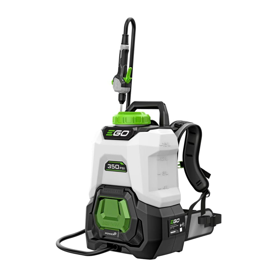 EGO Power+ BSP3500 backpack sprayer with translucent tank for quick fill level checks.