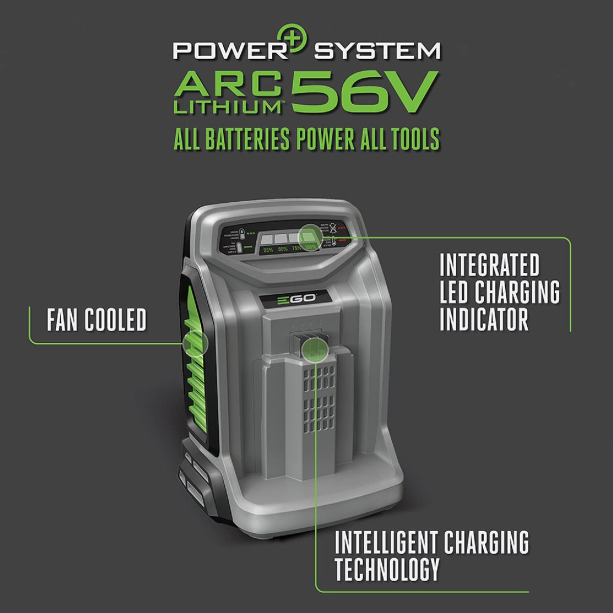 EGO Power+ CH5500 fan-cooled system keeps batteries cool during charging.