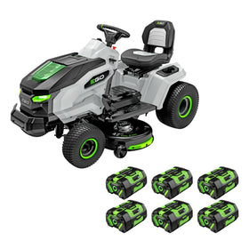 EGO Power+ 42-inch riding mower front view shows deck size and power for large lawns.