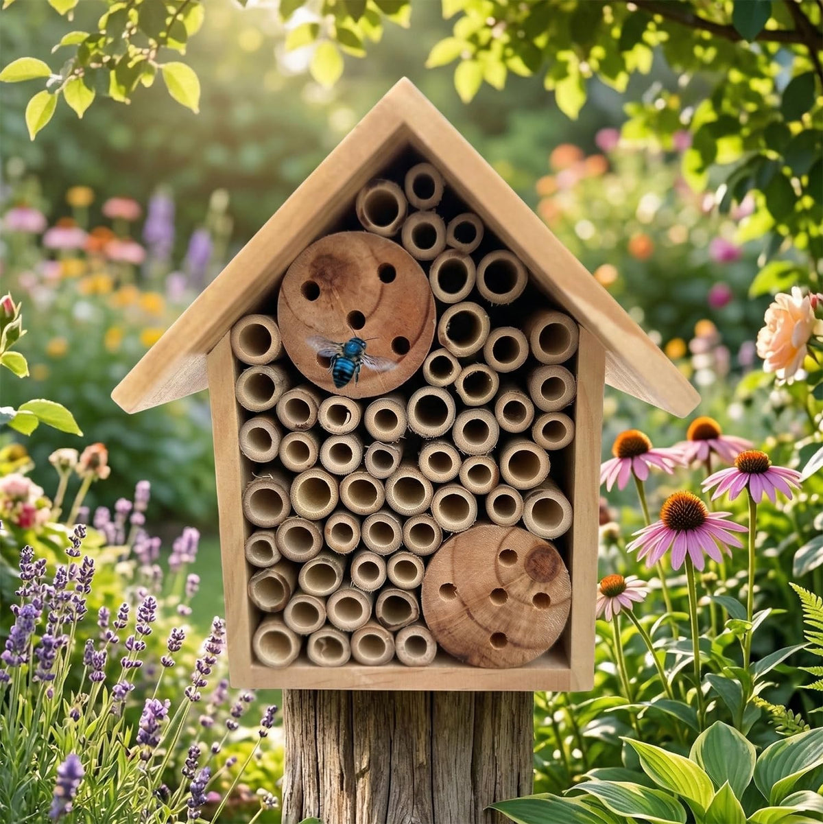 EGREE Mason Bee House exterior in natural finish attracts pollinators.