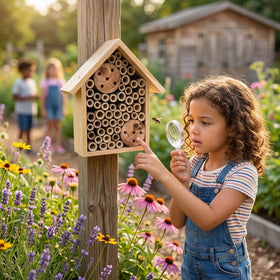 Durable pine wood frame of EGREE bee hotel supports seasonal use.