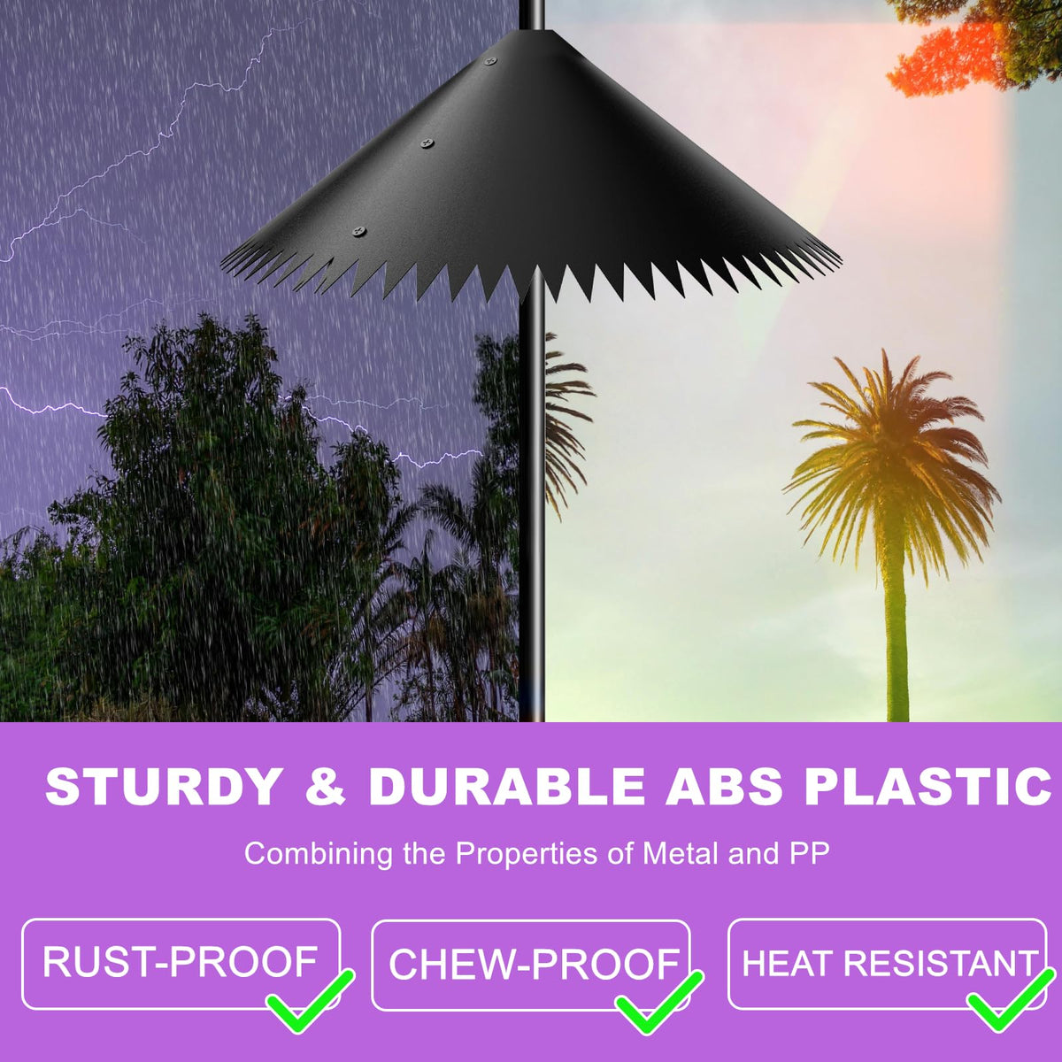 EHK rotatable squirrel baffle design confuses climbers and reduces attempts.