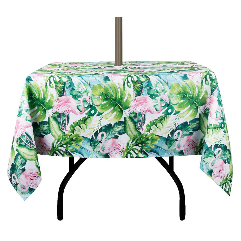 EHouseHome square tablecloth with umbrella hole protects outdoor surfaces during meals.
