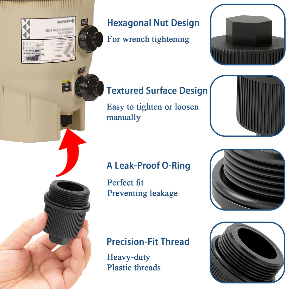 Eiahonen 190030 drain plug cap features vertical ribs for tool-free installation